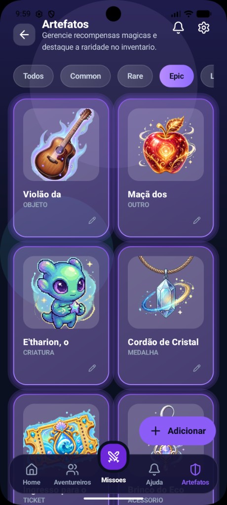 Tela de Artefatos Épicos: grade de recompensas com ilustrações — violão, maçã dourada, criatura e cordão de cristal, com filtros de raridade