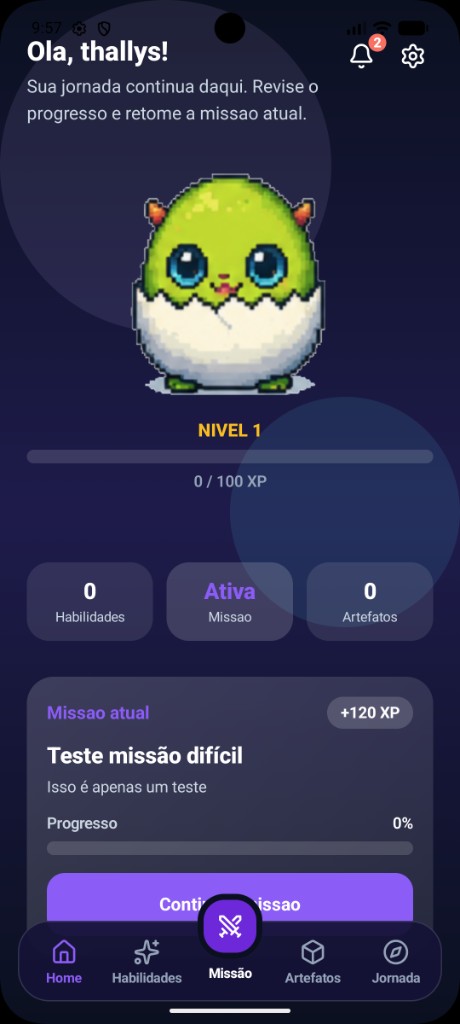 Home do Aventureiro: mascote pixel art, barra de XP, missão ativa e estatísticas — o que seu paciente vê