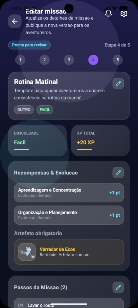 Editar missão: configuração de dificuldade, XP total, recompensas de evolução de habilidades e artefato obrigatório