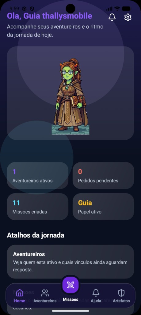 Home do Guia: personagem terapeuta pixel art, estatísticas de aventureiros ativos e missões criadas, atalhos da jornada